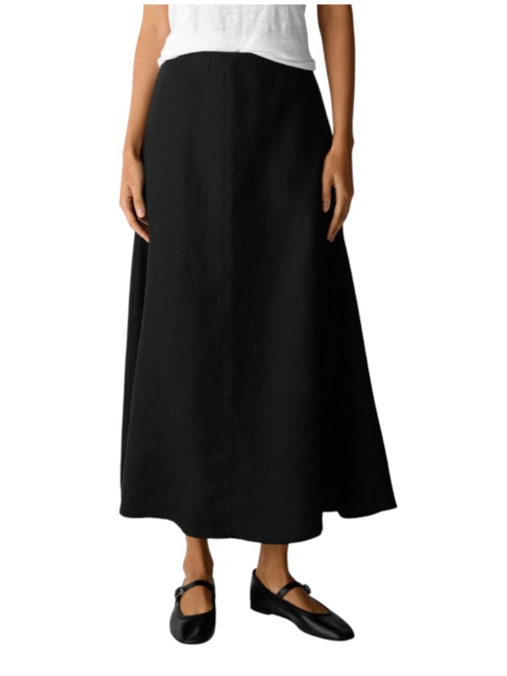 Eileen Fisher Organic Linen A-Line Midi Skirt Womens XXS Black Elastic Waist